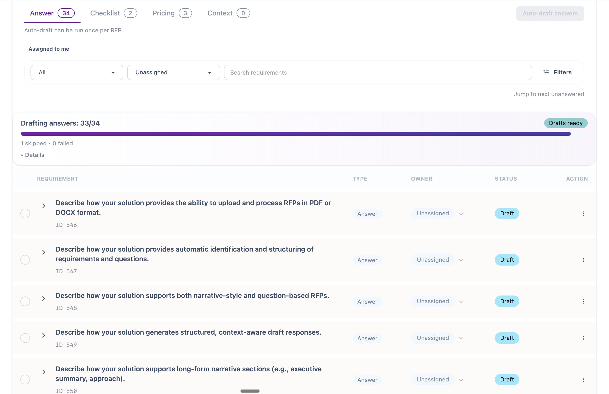 Winify AI compliance matrix and drafted answers for a small proposal team workflow
